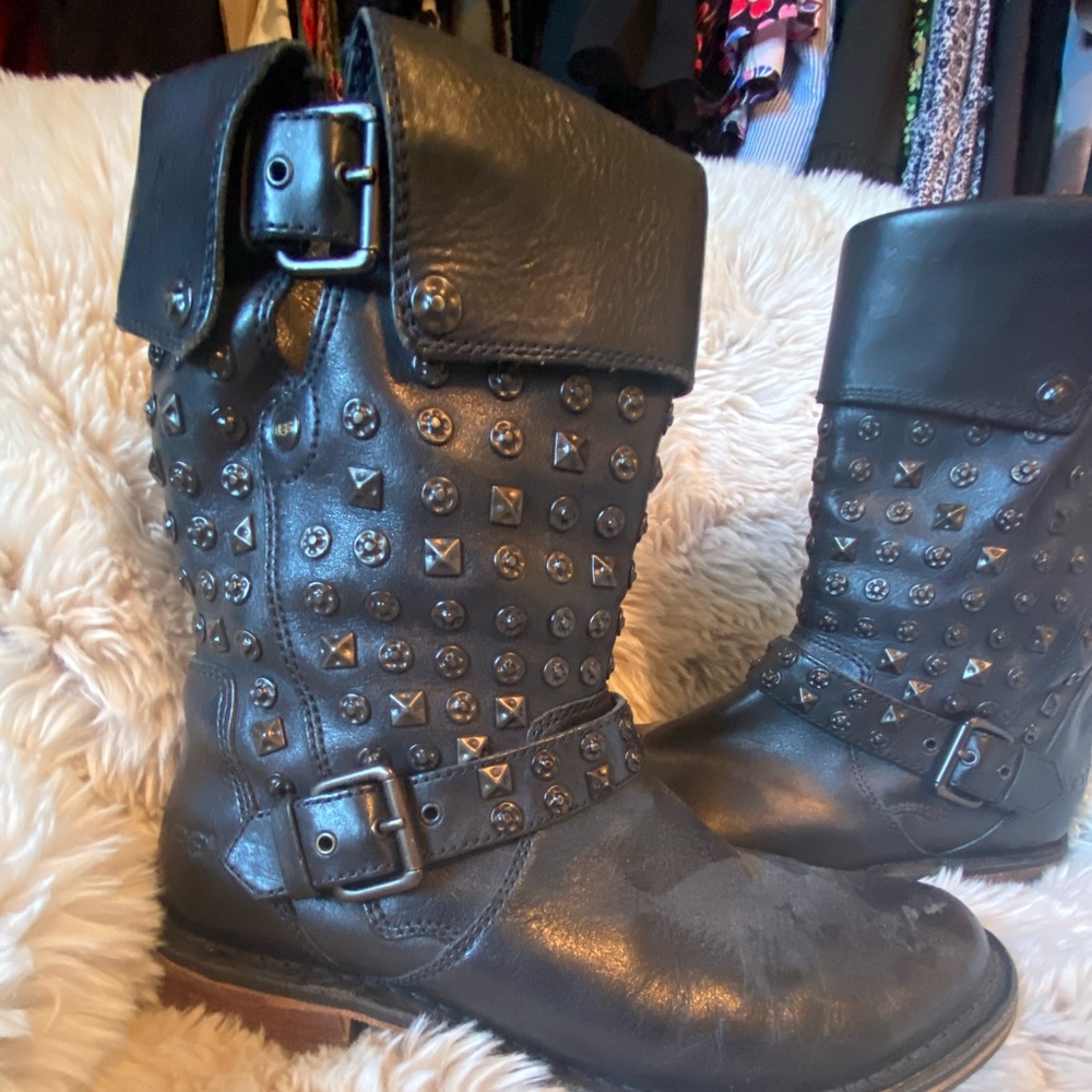 UGG Conor Black Moto Studded Motorbike Boots Size 9.5